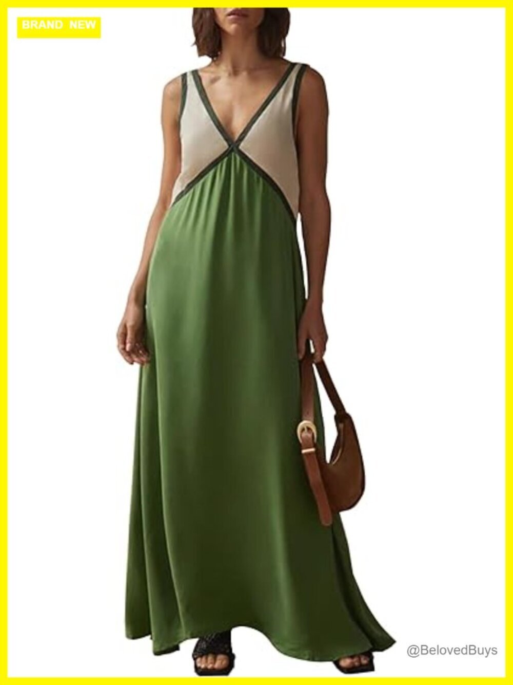 Color Block Satin Maxi Dress Sleeveless V-Neck Relaxed Fit Beach Vacation
